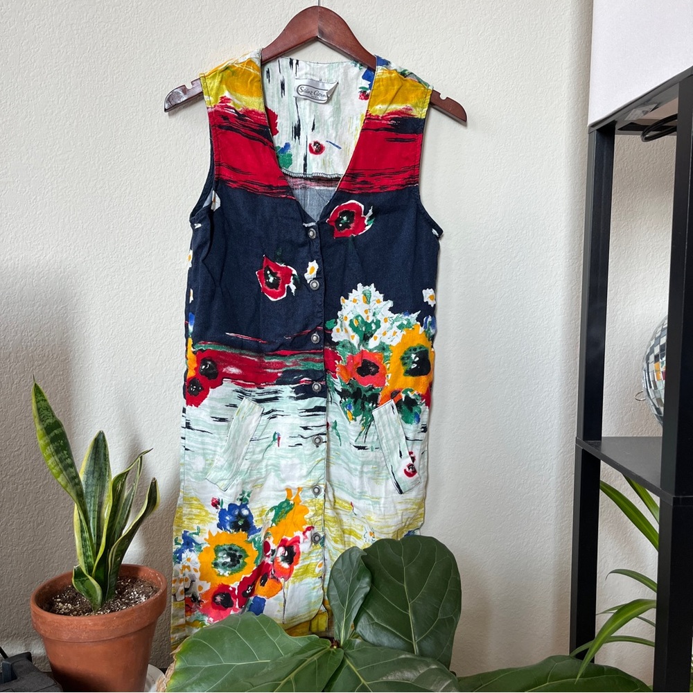 Vintage Saint Germain Paris Printed Button Down Mini Dress Vest